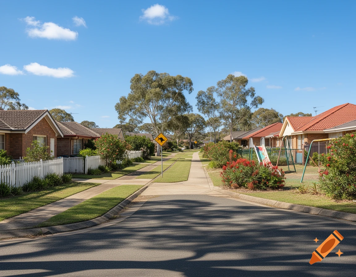 A sunny street in an Australian suburb with houses, green lawns, trees, and a kangaroo crossing sign.