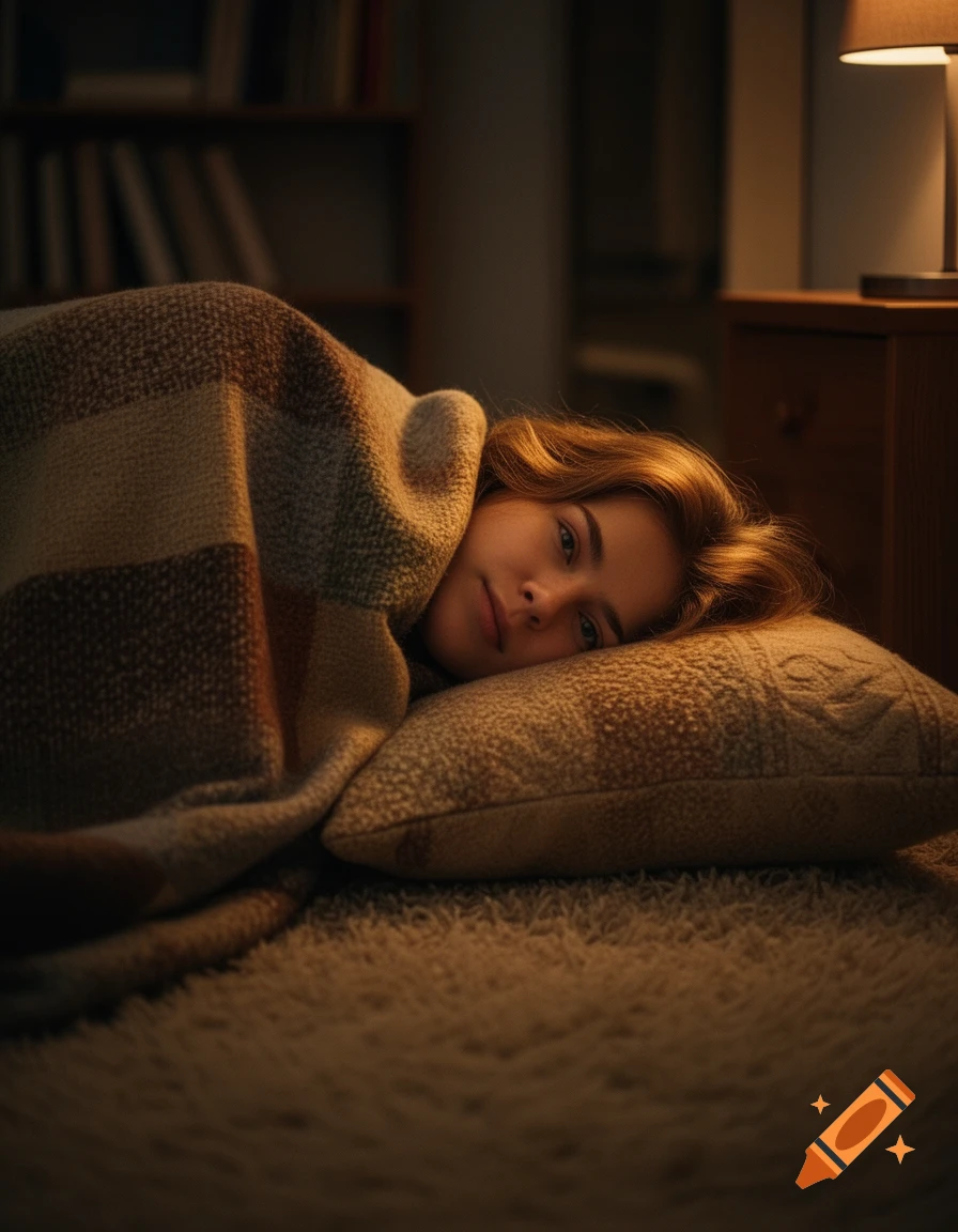 Young adult woman resting under a warm blanket in a softly lit room, photorealistic.