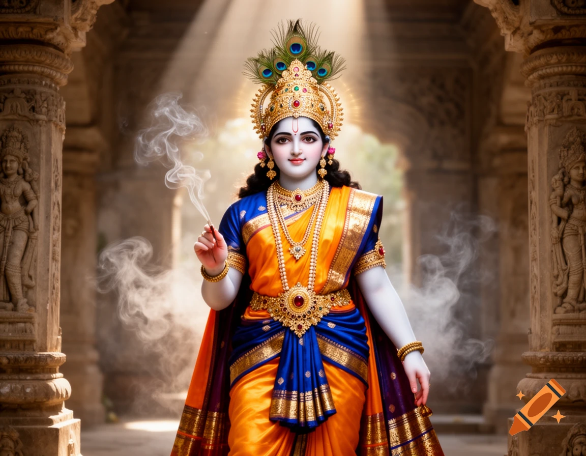 A serene Hindu deity with blue skin and golden attire holds an incense stick in an ancient temple bathed in divine light.