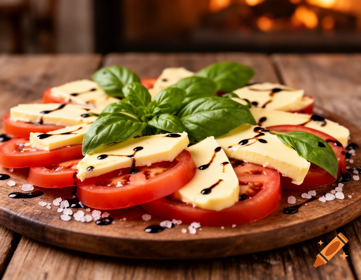 A Caprese-style platter features sliced tomatoes, yellow slices resembling cheese or butter, fresh basil, balsamic glaze, and salt on a rustic wooden board.