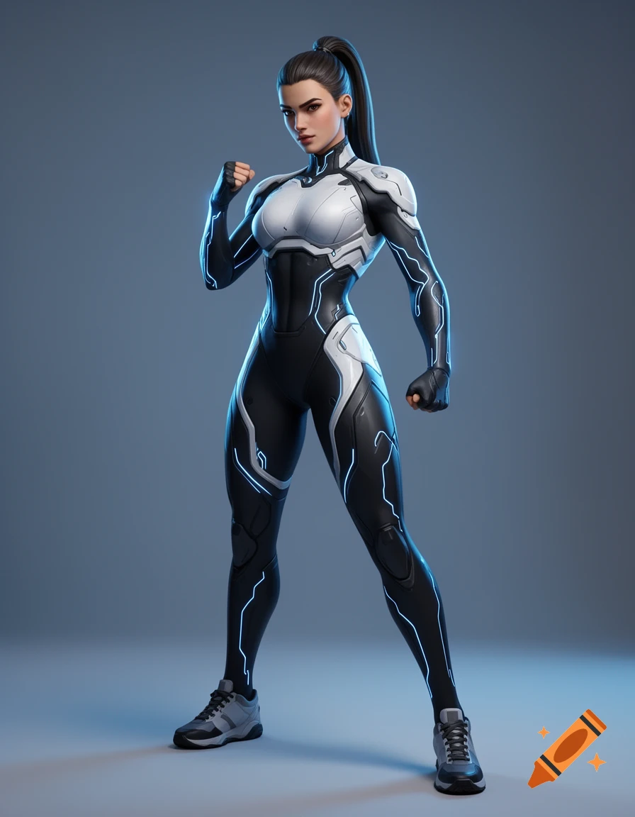 A full body 3D render of a futuristic female athlete in a black and white tech-suit with blue glowing circuits, in a heroic pose.