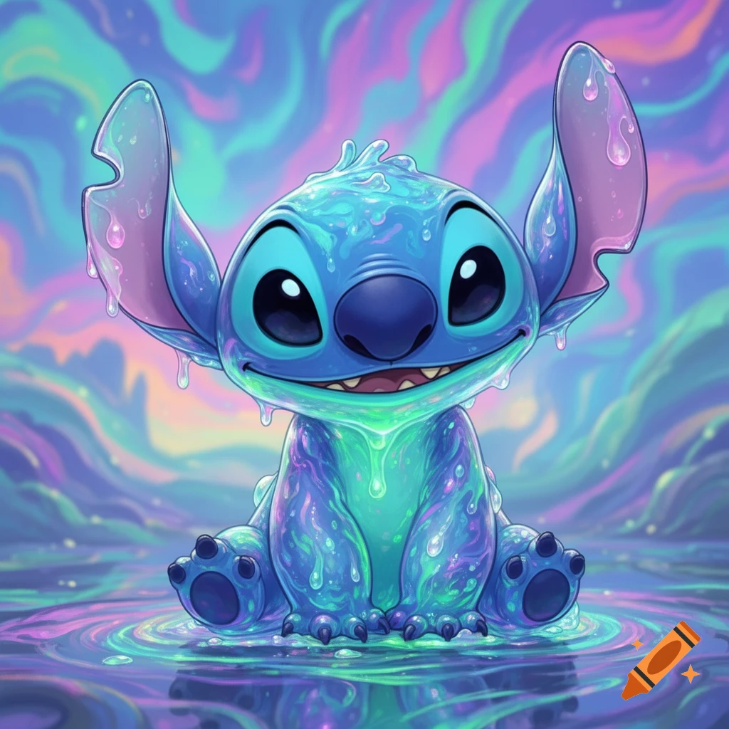 A vibrant, cartoonish Stitch character covered in colorful, glowing slime, sitting in iridescent water with ripples.