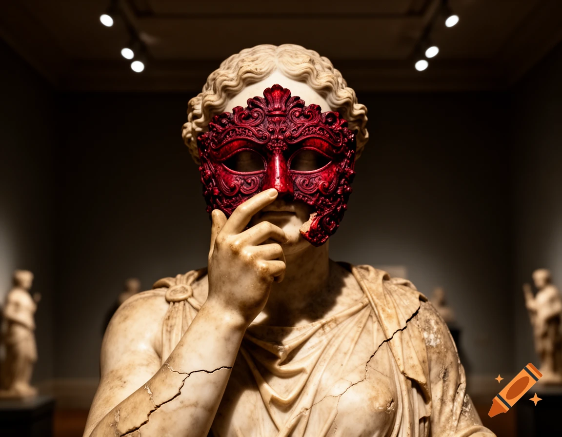 A cracked classical marble statue wears an ornate red mask, its hand touching its chin, against a dark background.