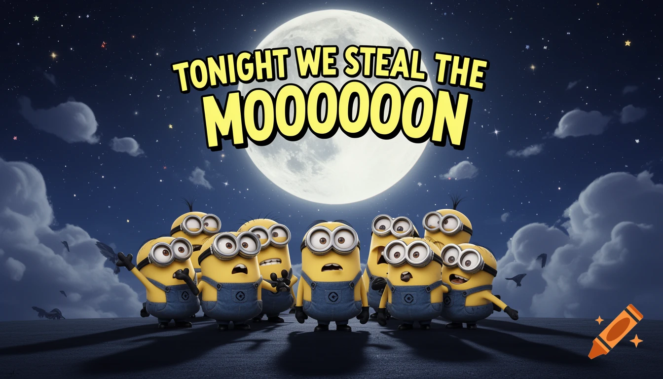 A group of Minions stands together under a large full moon in a starry night sky, with text that reads "TONIGHT WE STEAL THE MOOOOON."