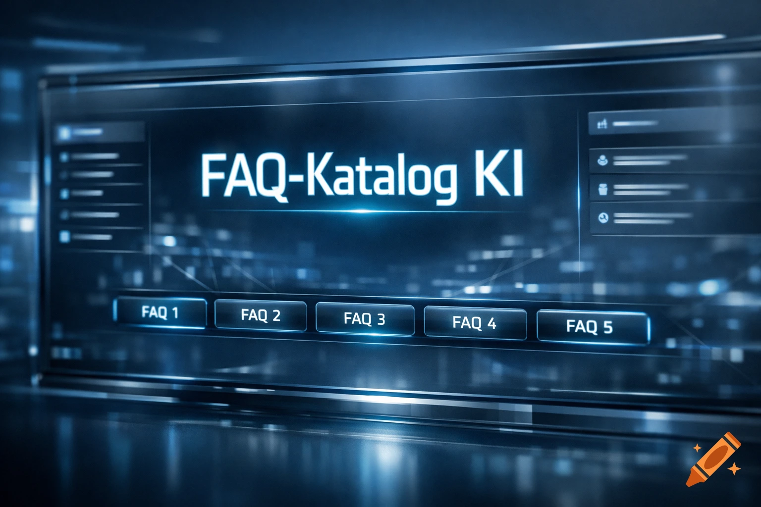 A glowing blue digital screen displays 'FAQ-Katalog KI' and five buttons labeled 'FAQ 1' through 'FAQ 5'.