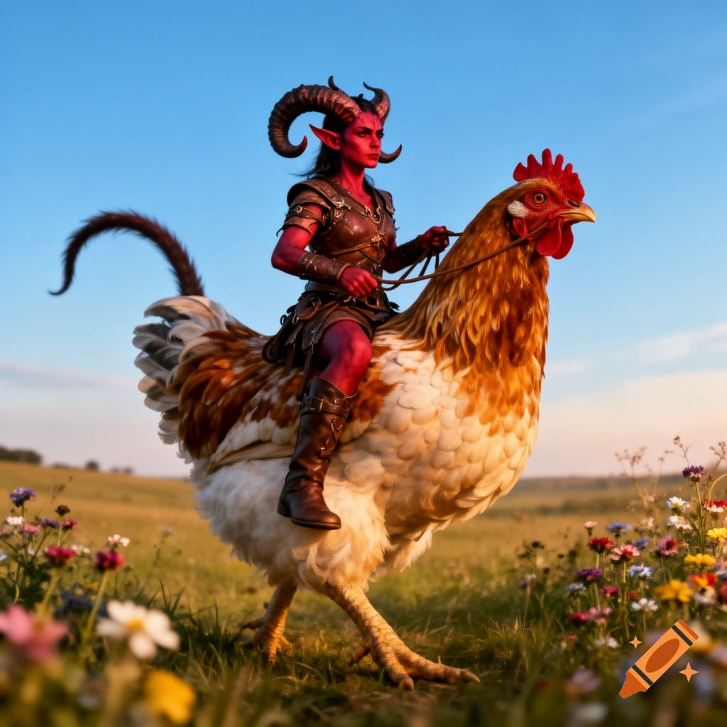 A red-skinned Tiefling in armor with horns and a tail rides a giant chicken through a sunny field of wildflowers.