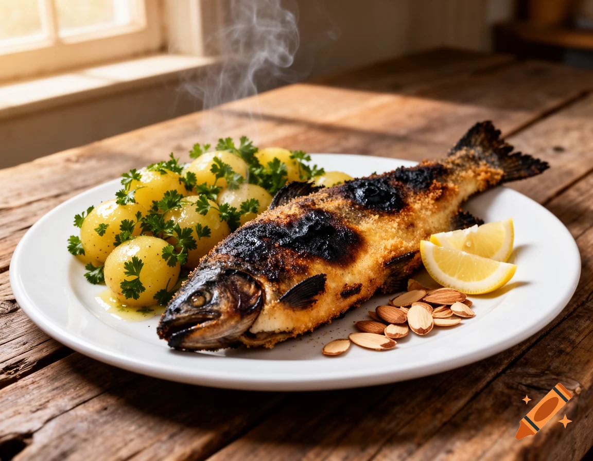 Photorealistic image of a charred trout, steaming parsley potatoes, lemon wedges, and almonds on a white plate.
