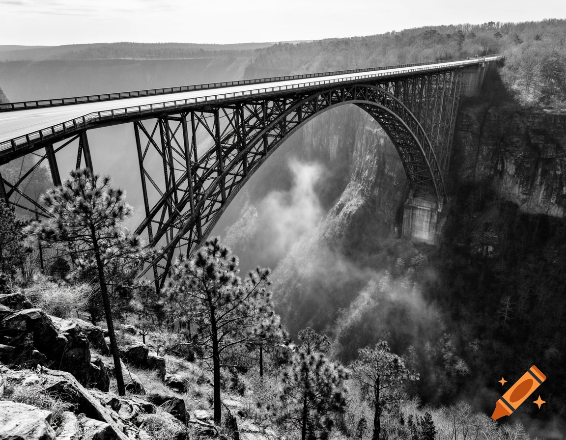 A grand arch bridge spans a deep, misty gorge lined with forests, captured in a striking black and white photograph.