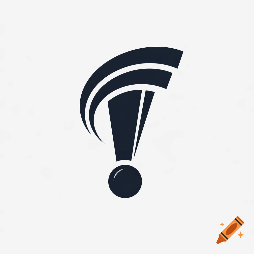 A dark blue abstract logo resembling an exclamation mark with Wi-Fi signal-like curves on a light gray background.