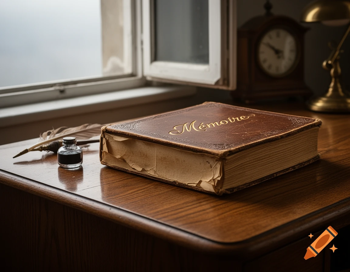 An antique brown leather-bound book with "Mémoire" on the cover, an inkwell, and a quill on a polished wooden desk by a window.