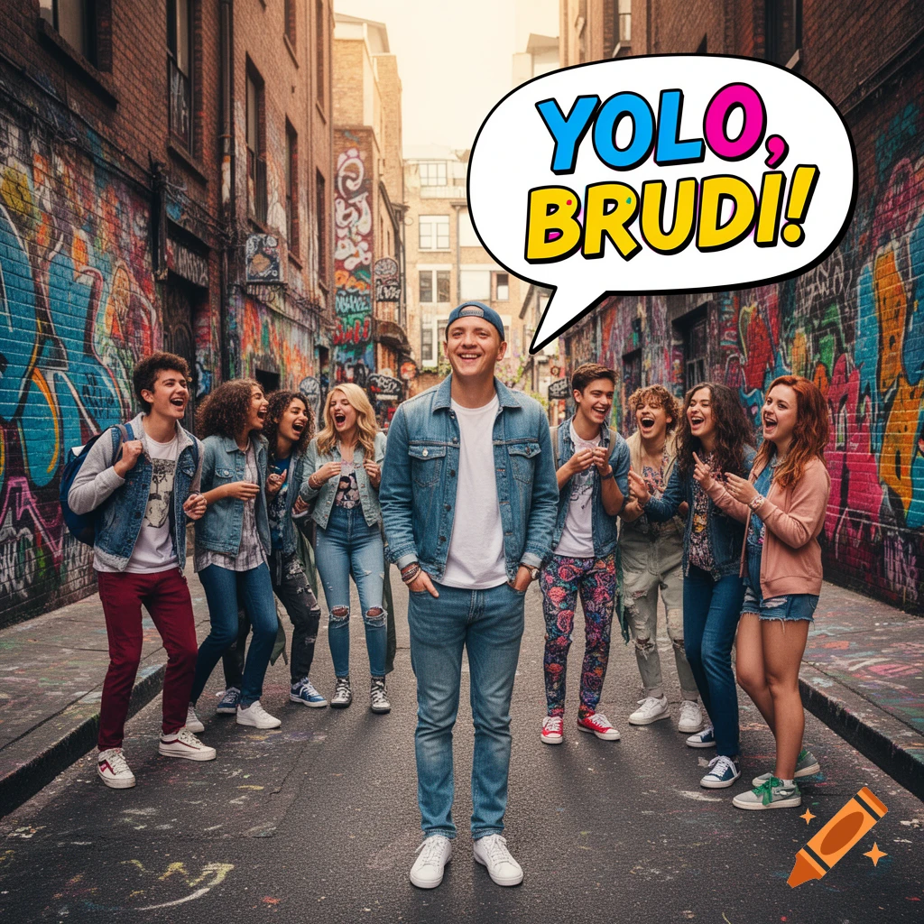 A photorealistic image of a young man smiling in a graffiti-covered alley, surrounded by laughing friends, with a speech bubble saying "YOLO, BRUDI!"