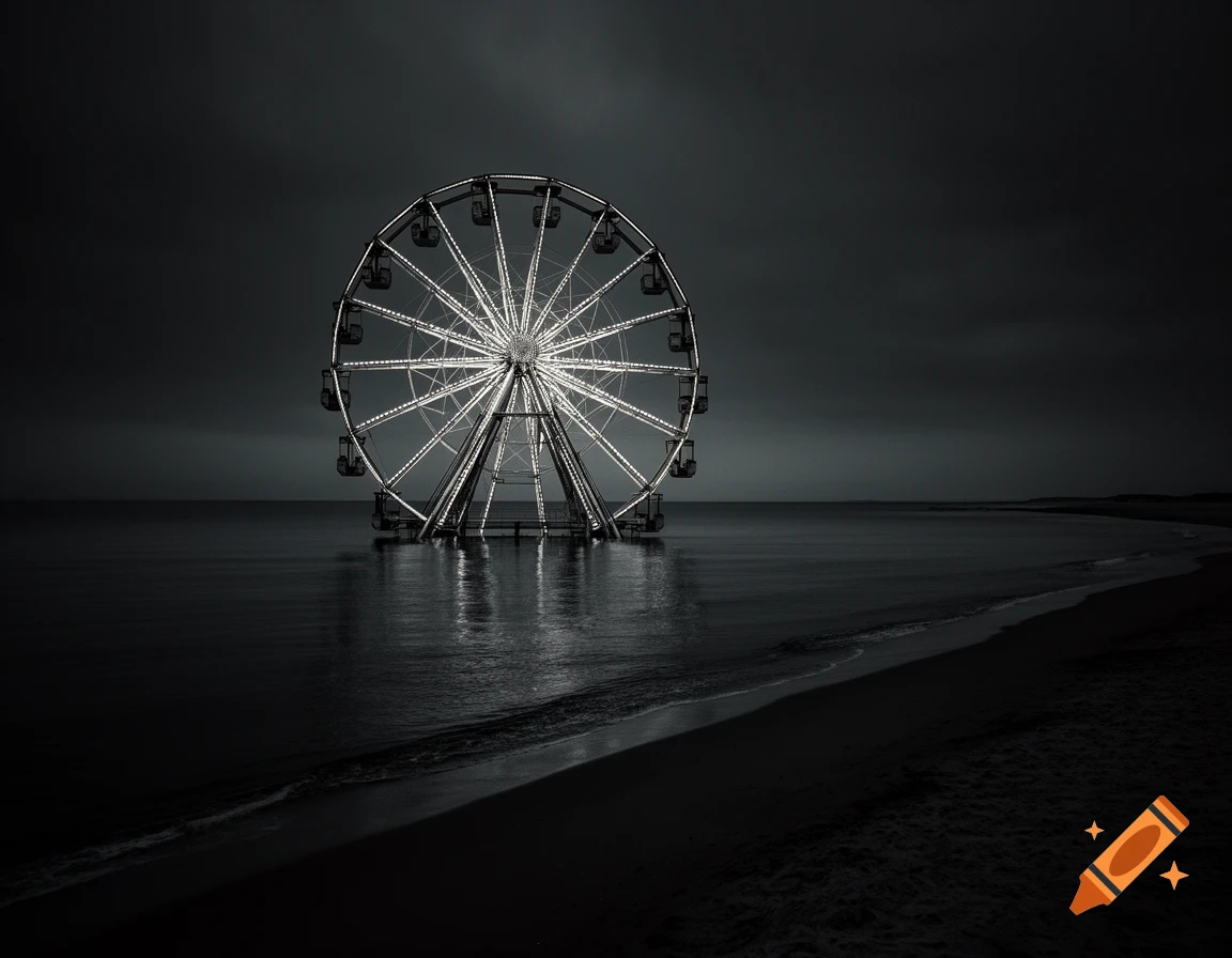 A monochrome photo of a lit Ferris wheel standing in a dark, shallow sea next to a dark beach under a cloudy sky.