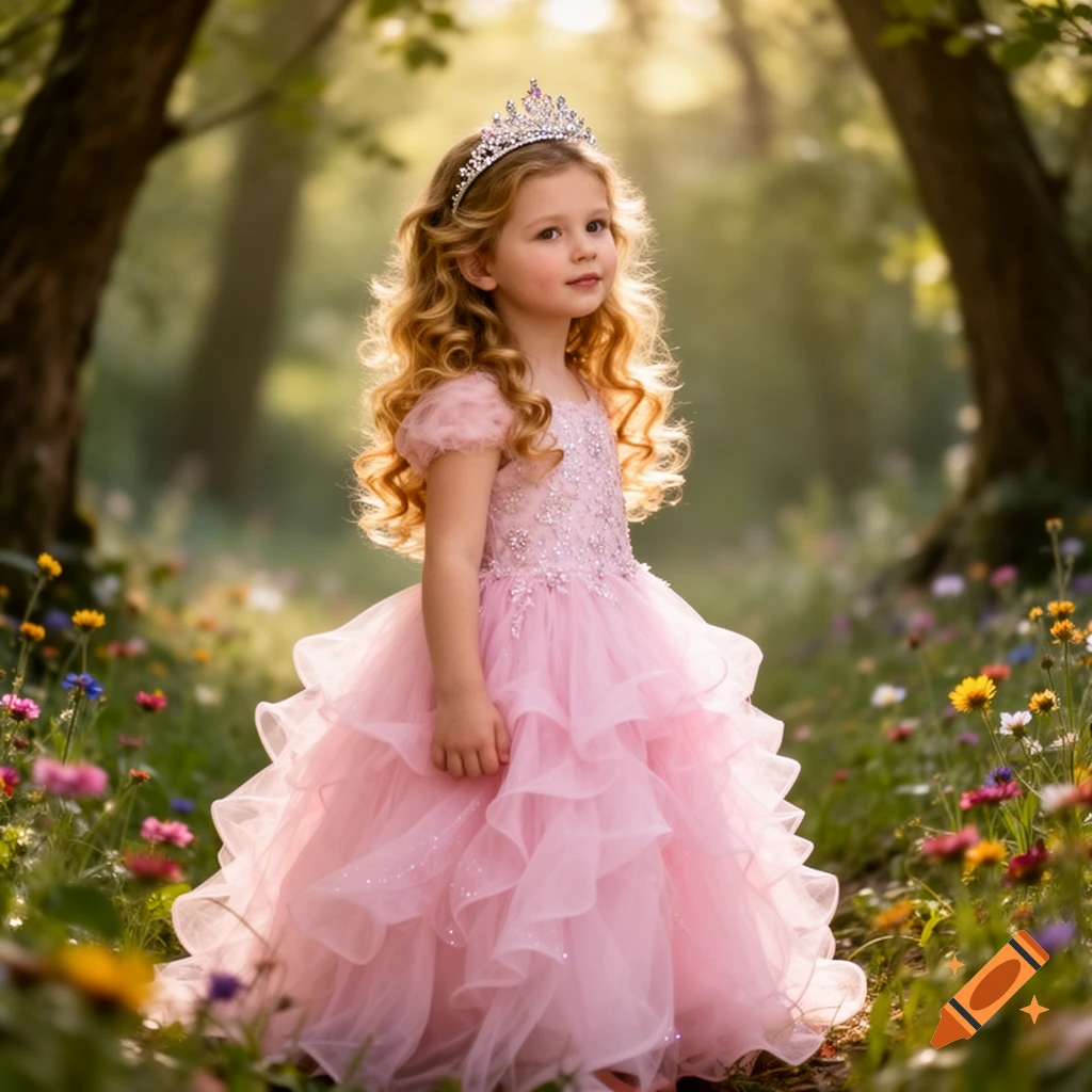 A young girl with blonde curly hair wearing a pink ruffled princess ...