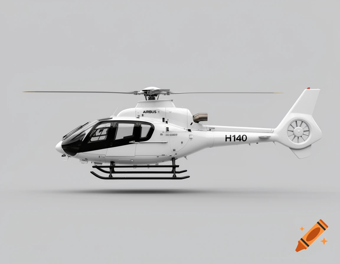 Highly detailed side view of a white Airbus H140 helicopter with black window surrounds against a neutral light grey background in a realistic aviation style.