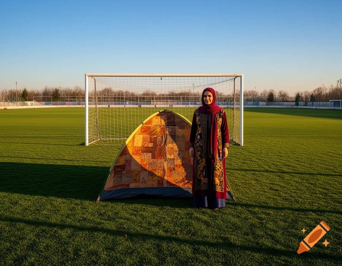 A woman in a maroon hijab and embroidered dress stands next to a colorful tent on a sunny football field with a goalpost.