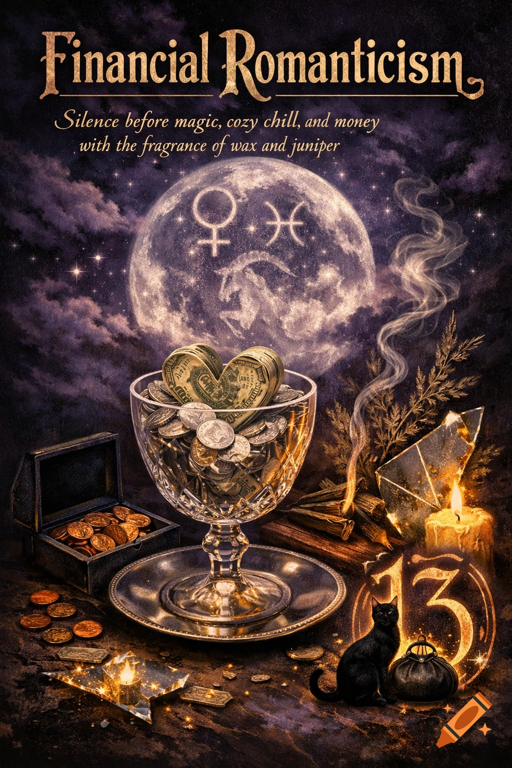 A mystical still life titled "Financial Romanticism" featuring a crystal goblet filled with coins and heart-shaped money, a black cat, candles, and a moon with zodiac symbols against a starry, cloudy night sky.