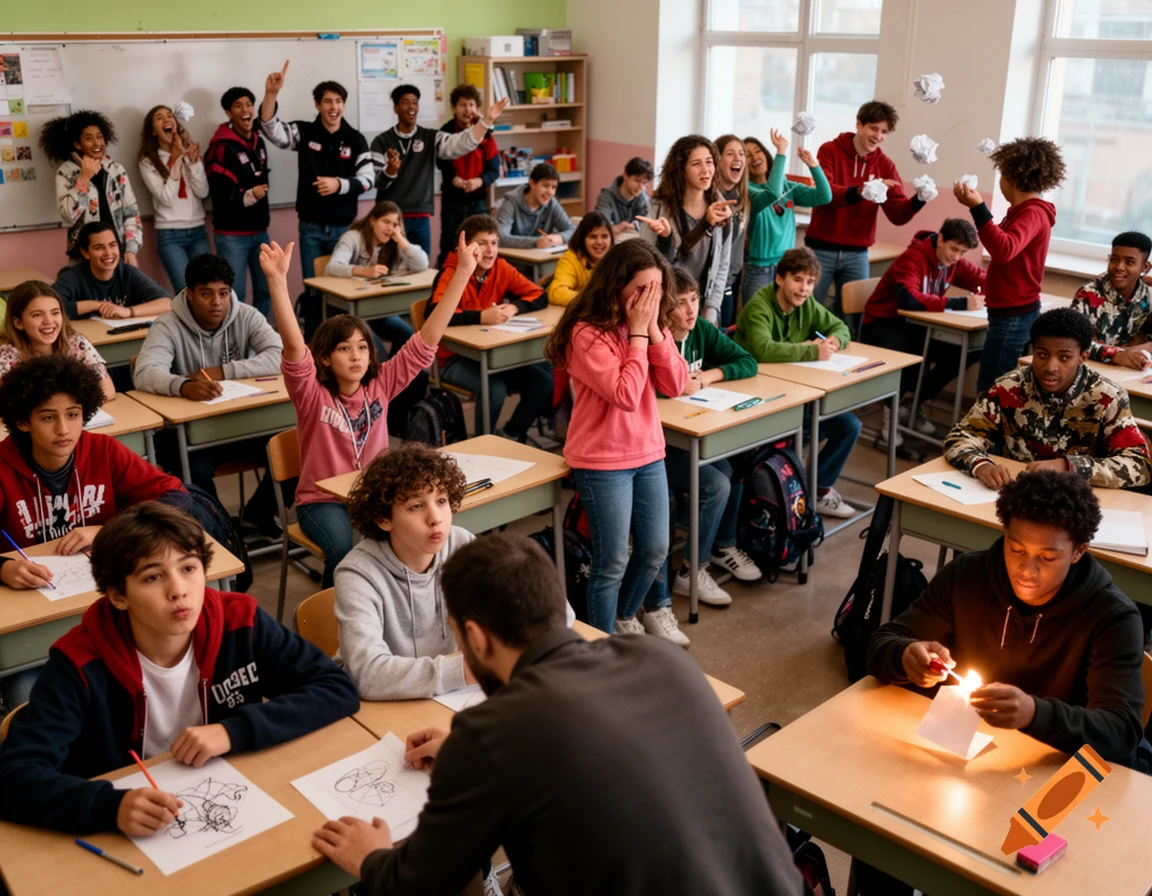 A lively classroom full of diverse students. Some students are laughing and throwing paper, one raises their hand, and another lights a paper with a lighter.
