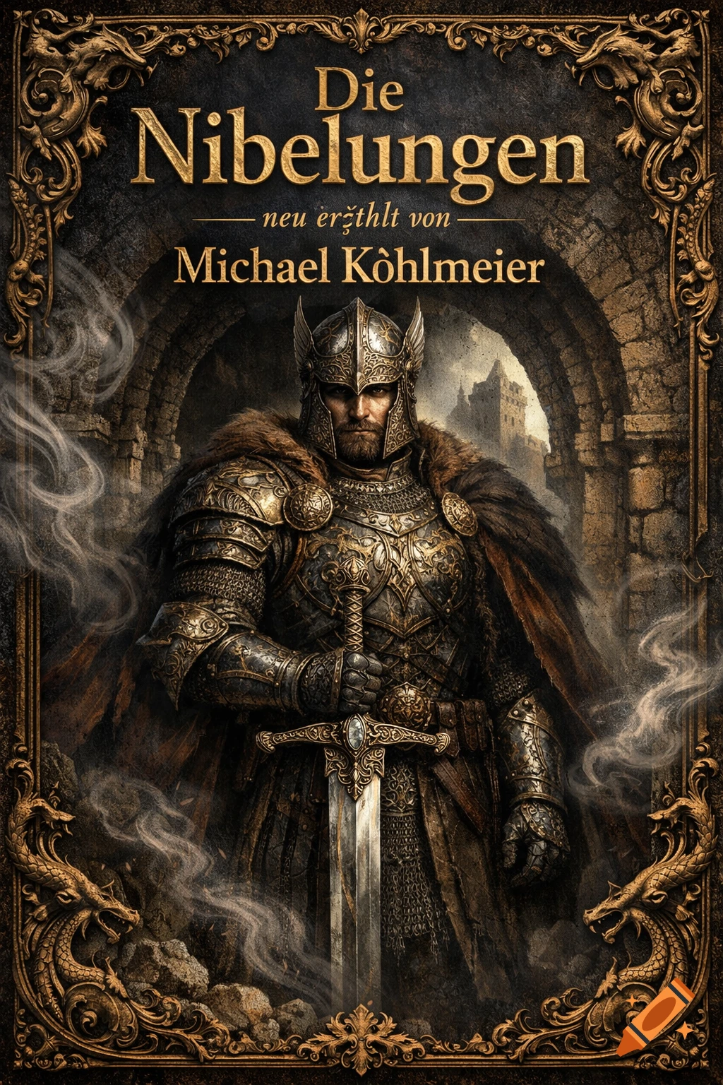 A knight in ornate gold and silver armor holds a sword, framed by gold dragons. Dark fantasy illustration.