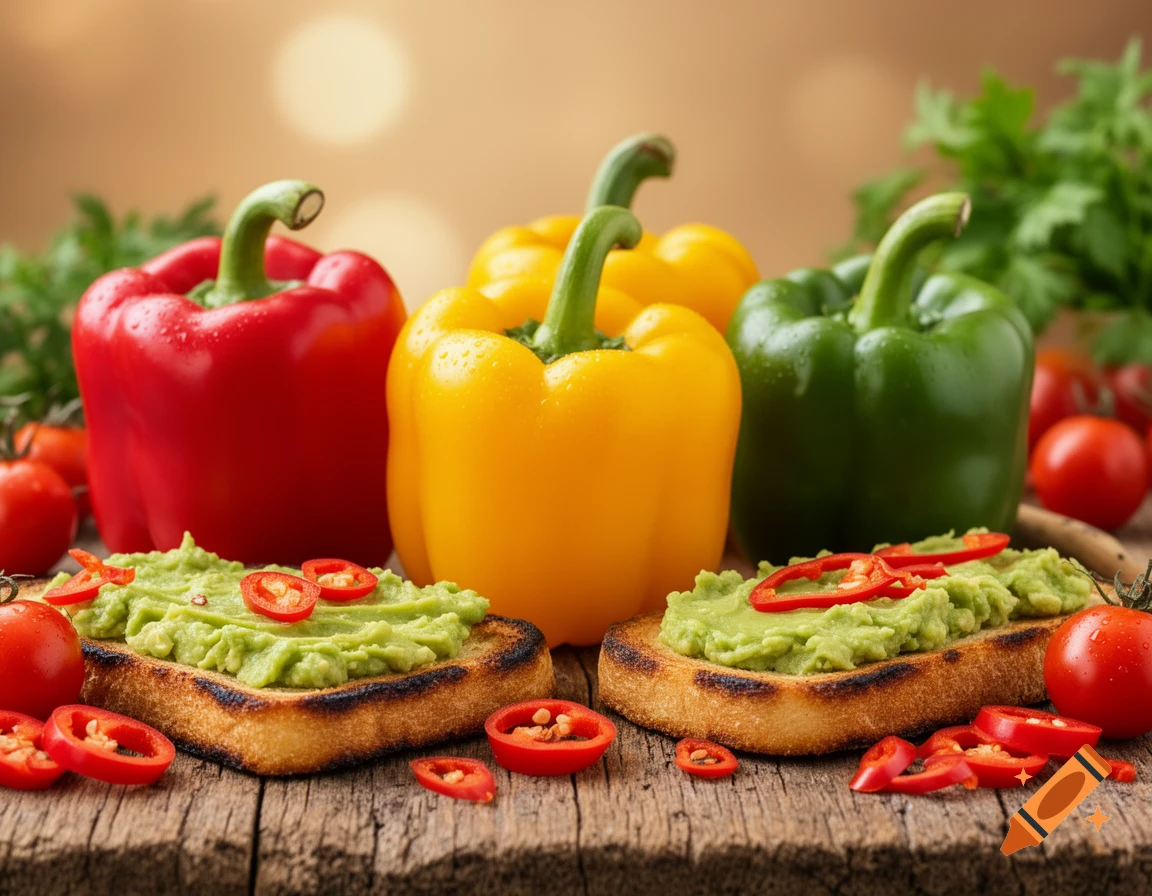 Photorealistic still life of red, yellow, and green bell peppers with avocado toast and cherry tomatoes on a wooden surface.