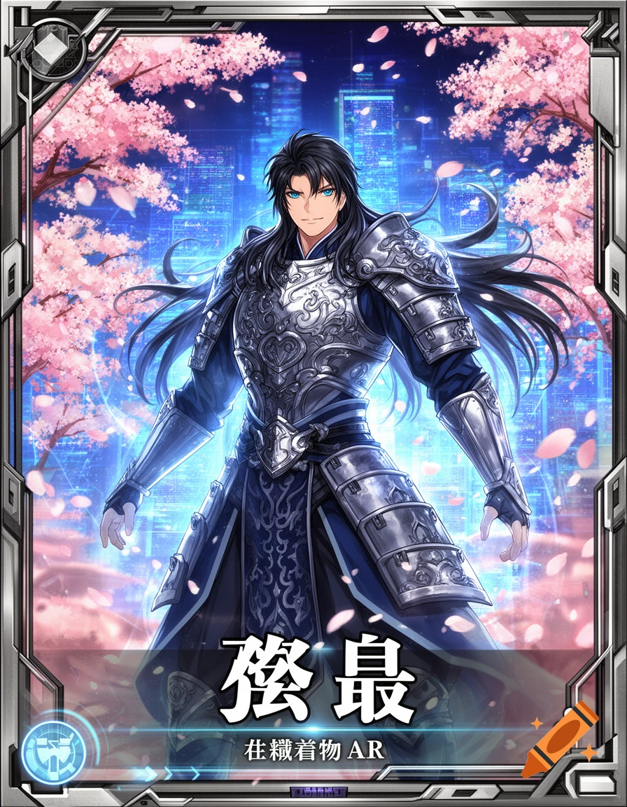Anime-style male character with black hair and blue eyes in ornate silver armor, framed as a Japanese trading card with cherry blossoms and a city background.