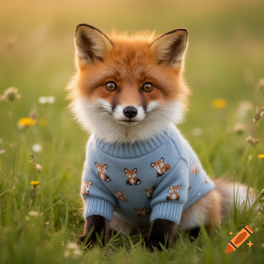 Photorealistic image of a cute red fox wearing a light blue sweater with fox patterns, sitting in a grassy field.