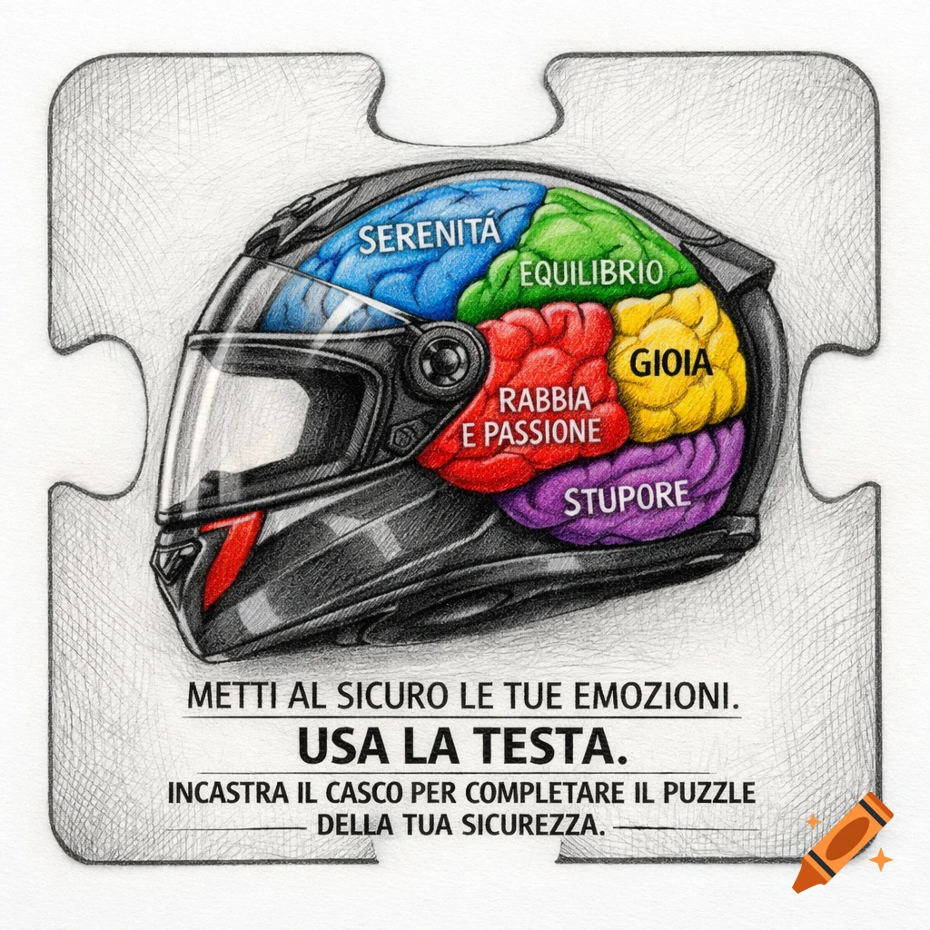 A pencil sketch of a motorcycle helmet in a puzzle piece outline, with a colorful brain inside. The brain lobes are labeled with Italian words for emotions like "Serenità" and "Gioia". Text below reads: "METTI AL SICURO LE TUE EMOZIONI. USA LA TESTA. INCASTRA IL CASCO PER COMPLETARE IL PUZZLE DELLA TUA SICUREZZA."