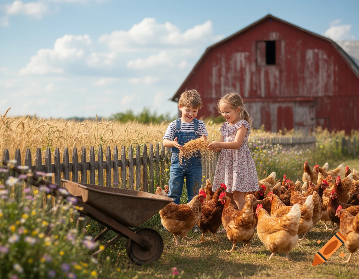 Two smiling children feed a flock of chickens on a sunny farm with a red barn and wheat field in the background.