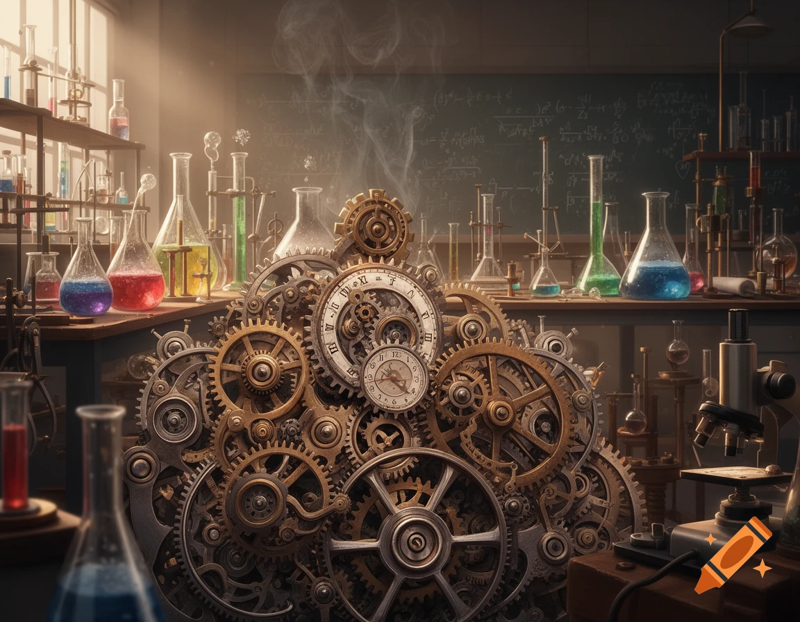 A detailed steampunk laboratory featuring a large pile of intricate gears and clockwork mechanisms in the foreground, with beakers and test tubes filled with colorful liquids on shelves and a chalkboard with equations in the background.