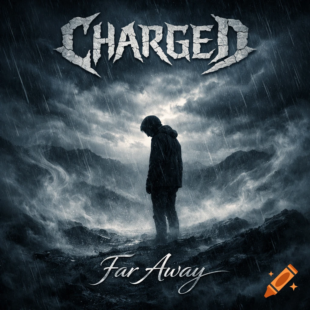 A hooded figure stands on a rocky mountain under heavy rain and dark clouds, with 'CHARGED' and 'Far Away' text.