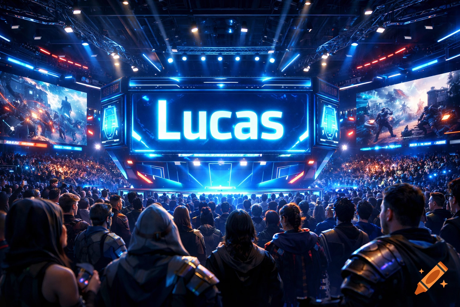 A large crowd views a glowing screen displaying "Lucas" in a neon-lit esports arena, with other screens showing game action.