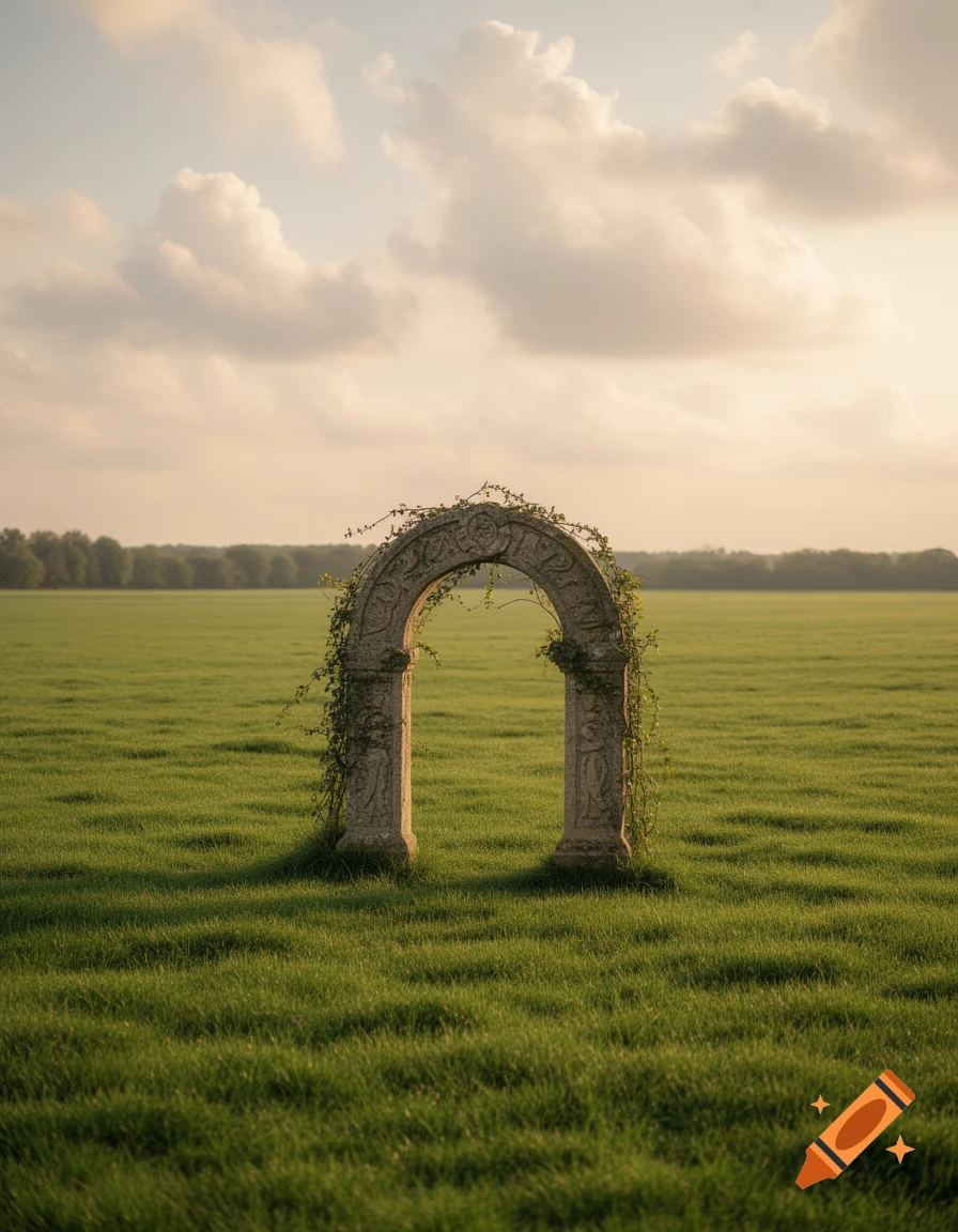 A weathered stone arch, overgrown with vines, stands in a vast green ...