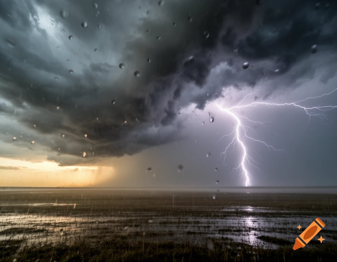 Photorealistic image of a dramatic thunderstorm with a bright lightning bolt, heavy rain, and raindrops on the foreground.