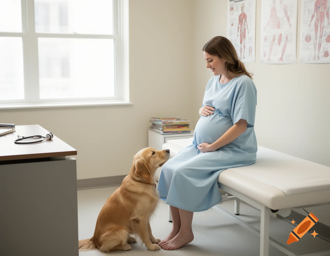 A pregnant woman in a patient gown sits on an examination table, smiling at a golden retriever dog in a doctor's office.