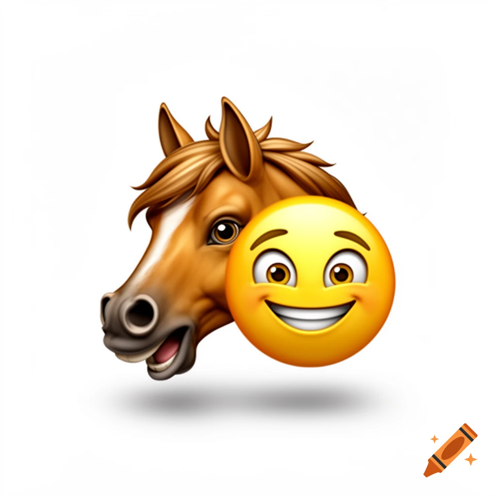 A cartoon horse head emoji with a white stripe on its face, fused with a yellow smiling face emoji.