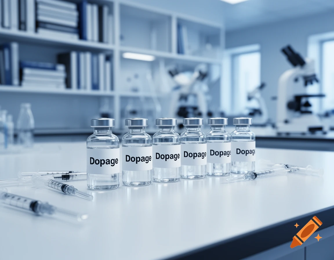 Six vials labeled 'Dopage' and several syringes on a white lab bench in a sterile laboratory, photorealistic.