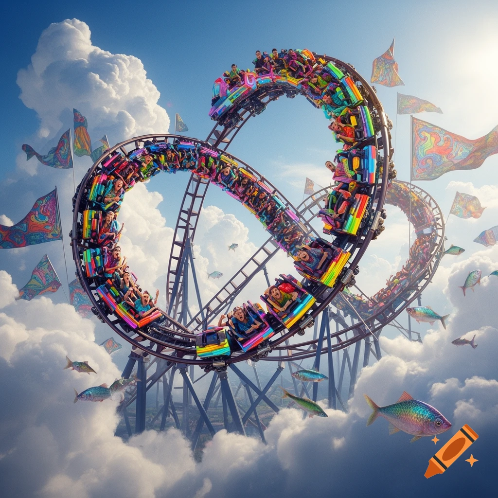 A vibrant, colorful roller coaster loops through fluffy white clouds in a bright blue sky, surrounded by flying fish and patterned flags.