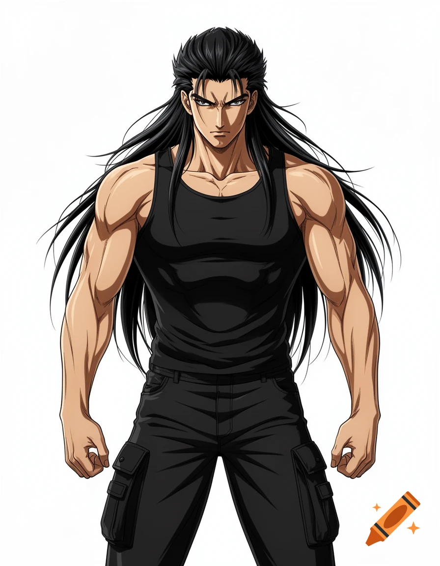 Muscular anime man with long black hair, wearing a black tank top and cargo pants, on a white background.