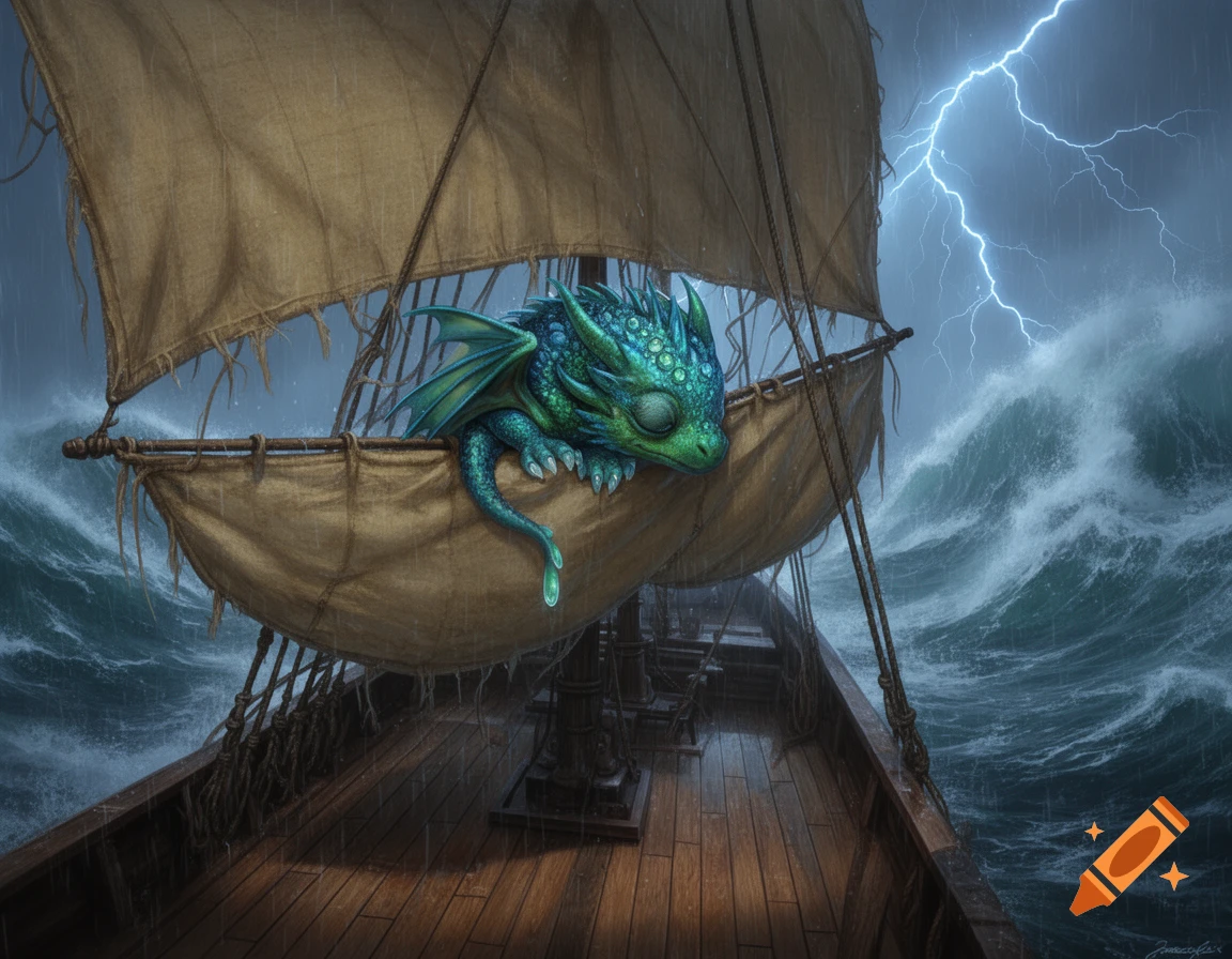 A tiny green and blue wyvern rests on a ship's tattered sail during a stormy sea with lightning.