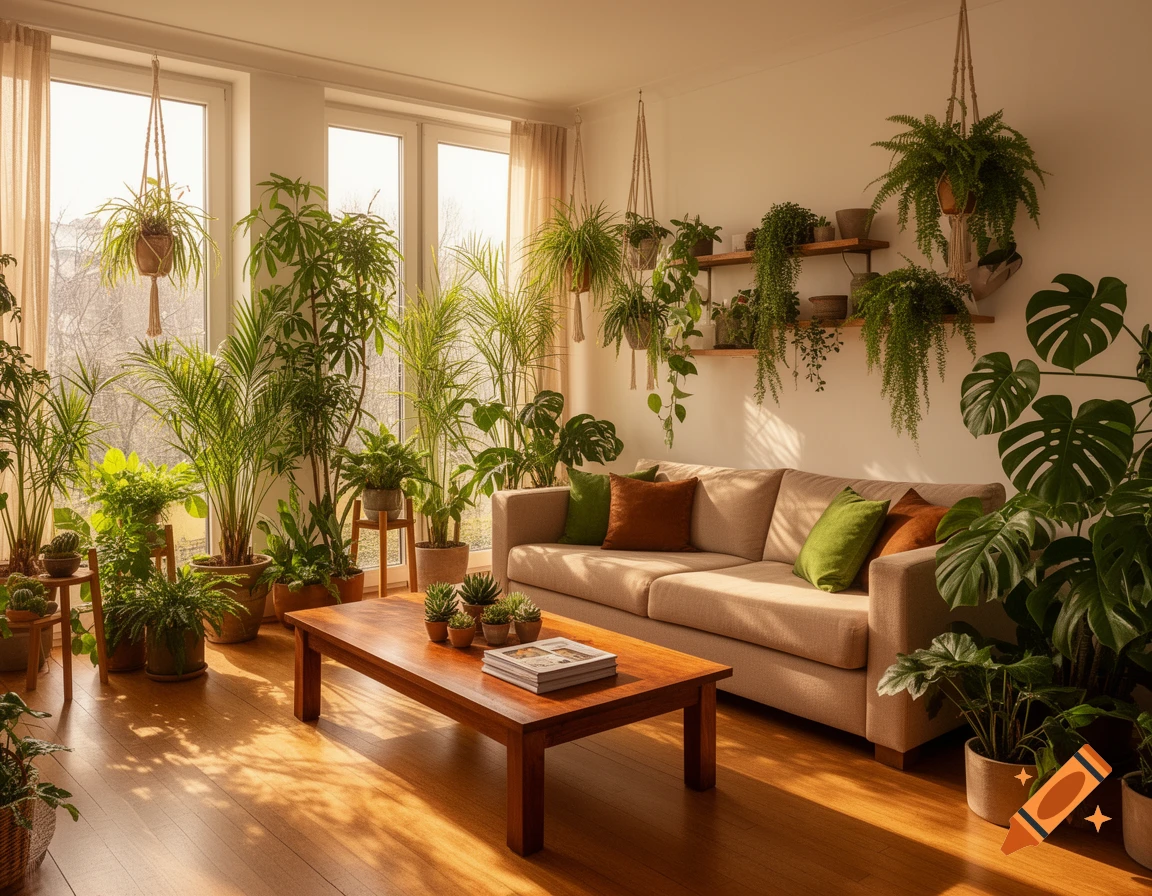 A bright living room features a beige sofa, wooden coffee table, and numerous green indoor plants, bathed in sunlight.