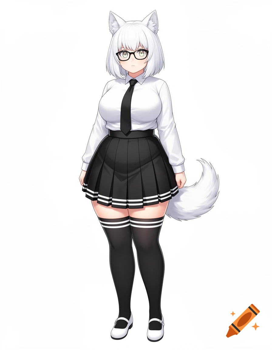 Anime-style, plus-sized female character with white hair, wolf ears, glasses, white blouse, black tie, pleated skirt, and thigh-highs.
