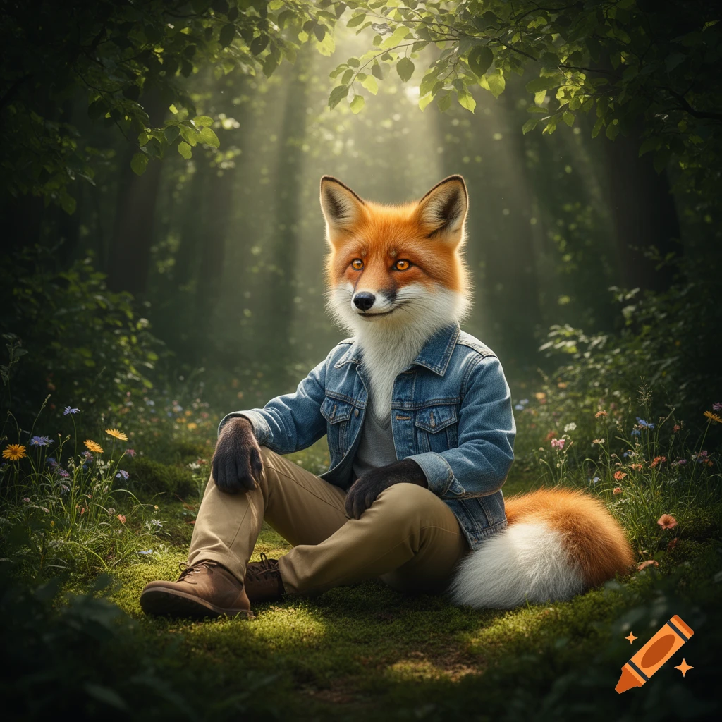 A photorealistic fox furry in a denim jacket and pants sits on a mossy forest floor, bathed in dappled sunlight.