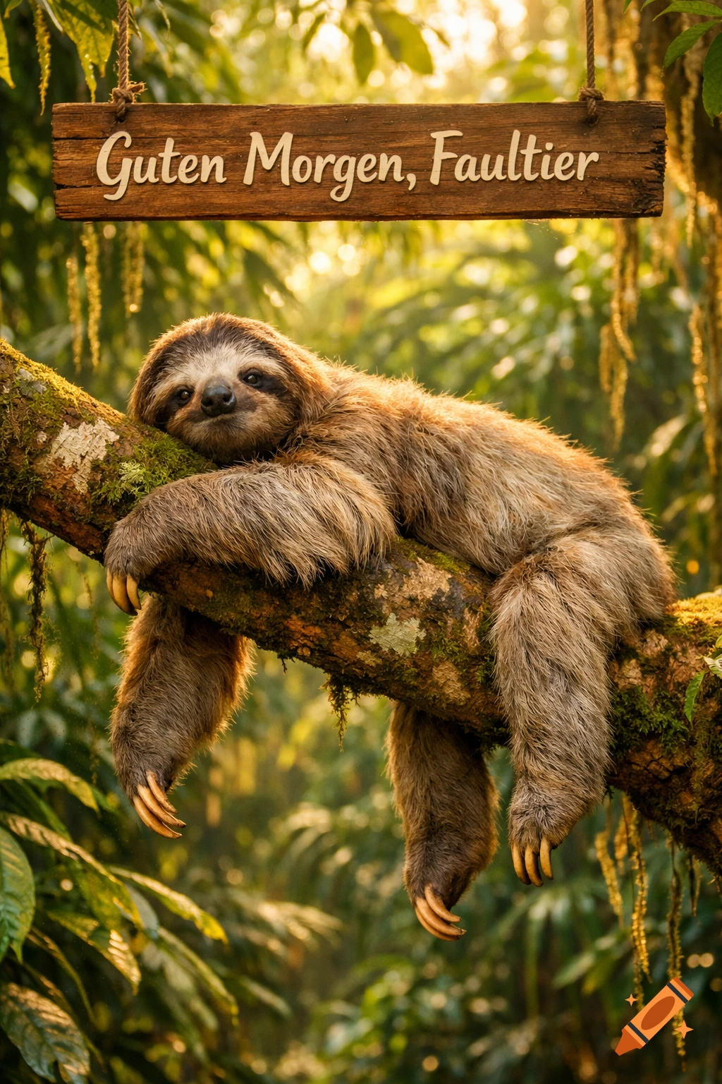 A furry sloth lies relaxed on a mossy tree branch in a sunlit jungle, beneath a wooden sign reading "Guten Morgen, Faultier".