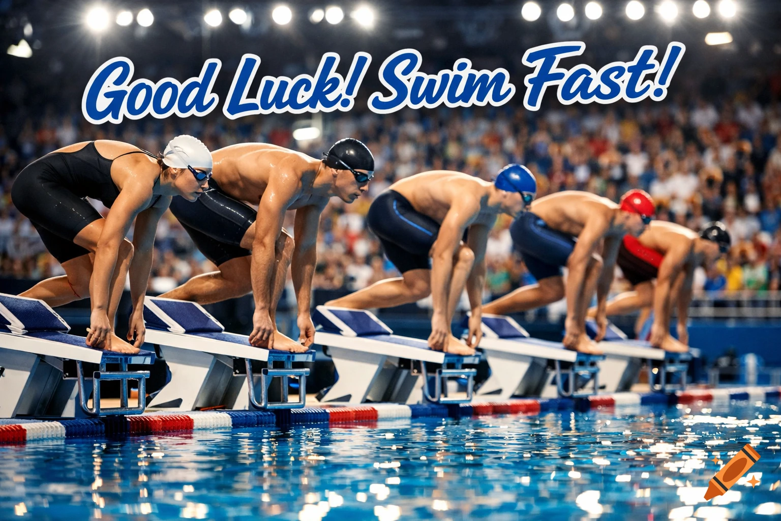 Swimmers in swimsuits and caps poised on starting blocks at an indoor pool, with "Good Luck! Swim Fast!" text overlay.