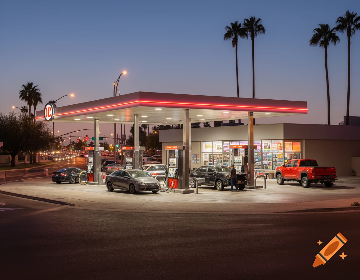 A photorealistic image of a gas station at dusk with cars, a convenience store, and palm trees under a fading blue sky.