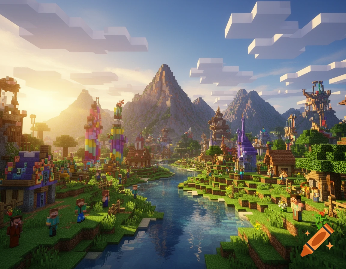 Minecraft Va A vibrant, blocky Minecraft landscape with a river flowing through a ...