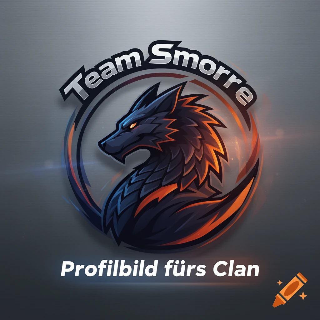 Stylized black and orange wolf head logo with glowing eyes in a circular emblem on a metallic background, with "Team Smorre" text above.