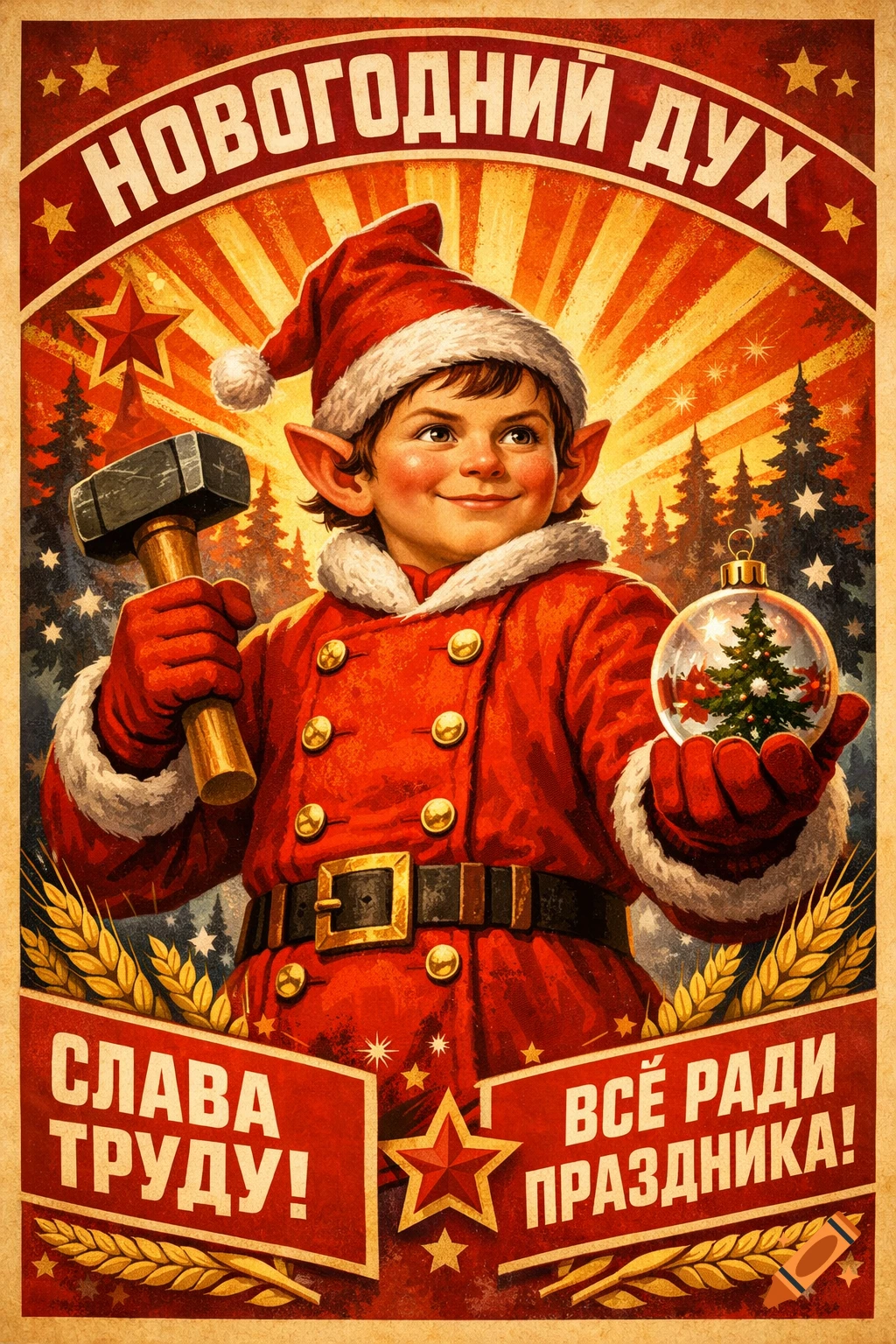 A vintage Soviet propaganda poster depicts a smiling elf in a red suit and hat, holding a hammer and a Christmas ornament.