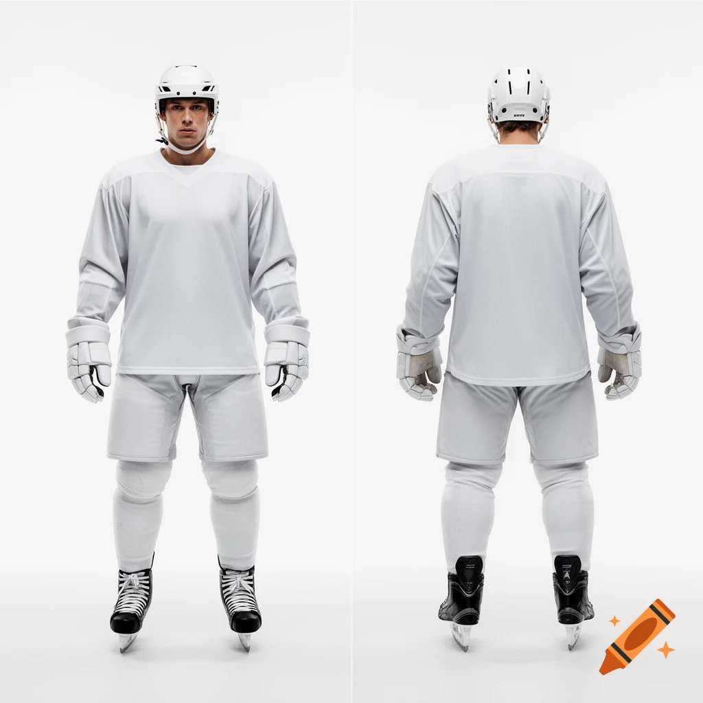 A front and rear view of an ice hockey player in a white uniform, white helmet, white gloves, and black skates against a white background.