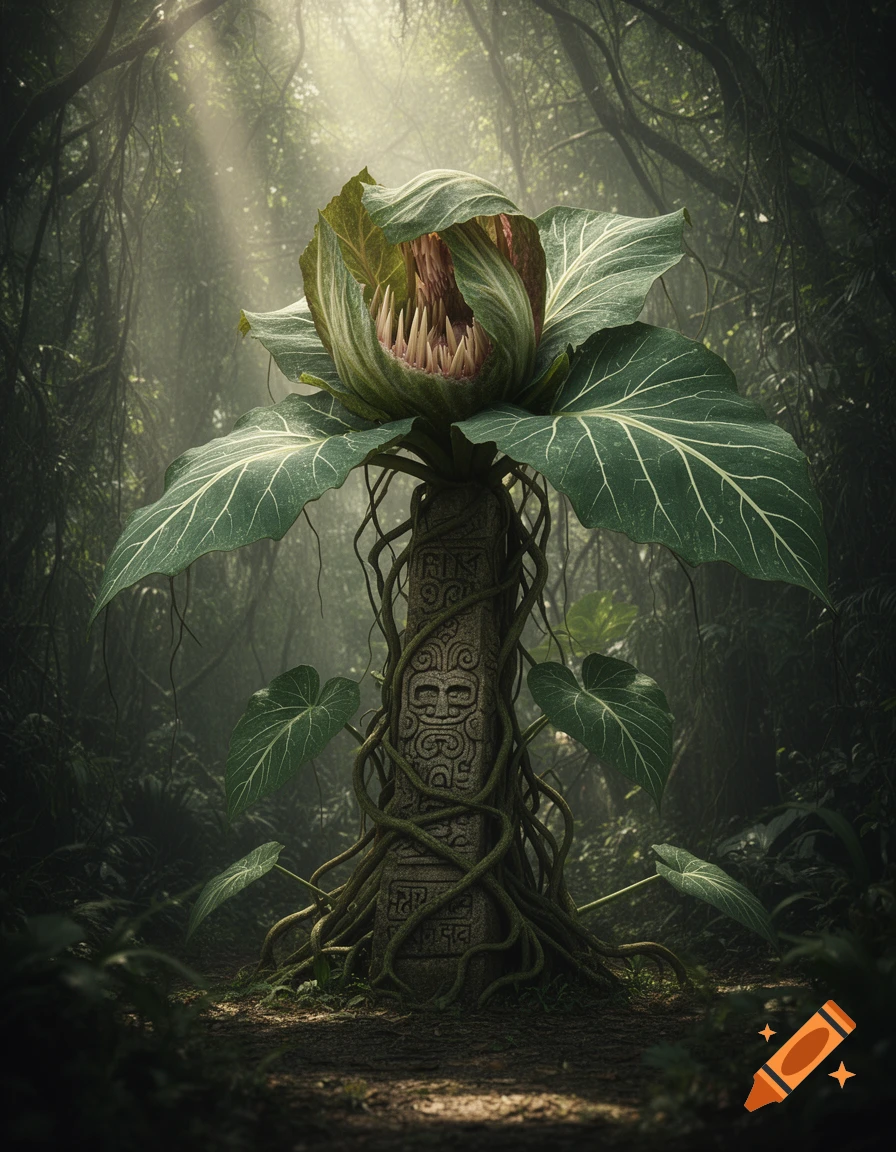 A giant carnivorous plant with sharp teeth growing from a vine-covered ancient stone totem in a misty, sunlit jungle.