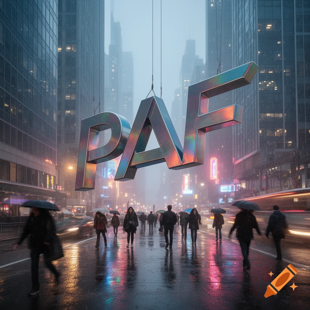 Large metallic letters 'PAF' float above a rainy city street at night, with people walking and neon lights reflecting on the wet pavement.